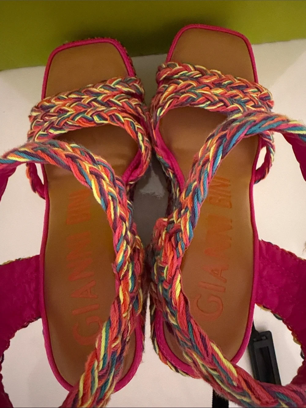 Gianni Bini Santi Multicolor Braided Wedge Sandals - Hot Pink Trim 6M